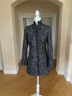White House Black Market Black, Silver and White Tweed Fringe-Edge Coat